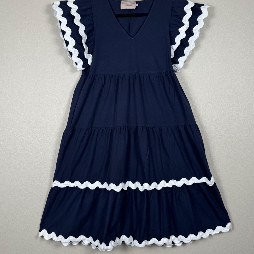 White Closet Elements Navy Ric Rac Trim Dress Medium Coastal Preppy Midi
